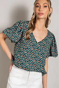 V Neck Print Short Sleeve Top - Kelly Green by Boutique 23