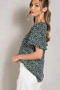 V Neck Print Short Sleeve Top - Kelly Green by Boutique 23