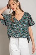 V Neck Print Short Sleeve Top - Kelly Green by Boutique 23