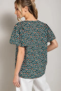 V Neck Print Short Sleeve Top - Kelly Green by Boutique 23