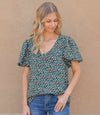 V Neck Print Short Sleeve Top - Kelly Green