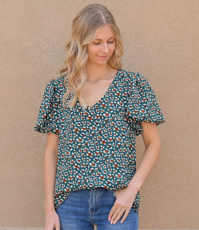 V Neck Print Short Sleeve Top - Kelly Green by Boutique 23