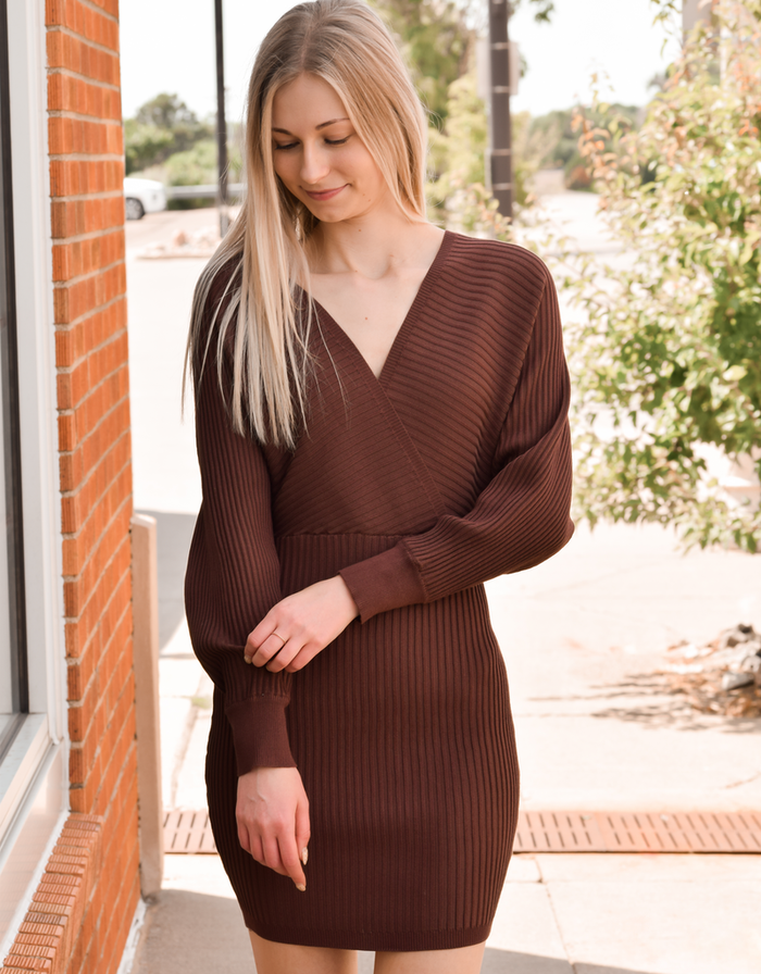 V Neck Sweater Dress - Brown by Boutique 23