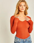 V Neckline Yarn Long Sleeve Body Suit - Terra by Boutique 23