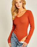 V Neckline Yarn Long Sleeve Body Suit - Terra by Boutique 23