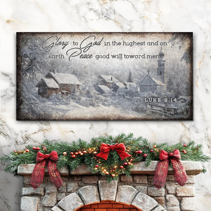 Vintage Christmas Village Luke 2:14 Scripture Sign II by Tailored Canvases