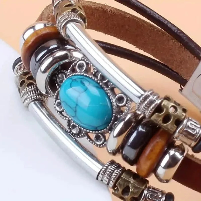 Vintage Style Green Turquoise Beaded PU Leather Stainless Steel Buckle Bracelet by DailySale
