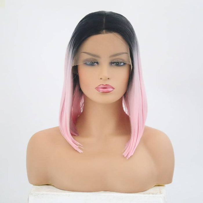 VIP Off Black to Light Pink Straight Bob Synthetic Lace Front Wig Style 25