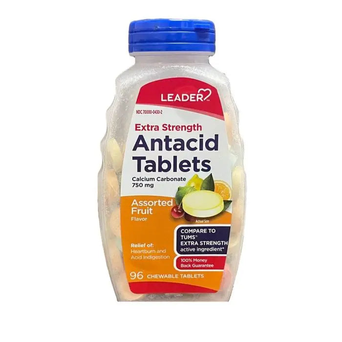 Leader Antacid, Extra Strength, 750mg, Chewable Tablets, Assorted Fruit, 96 ct by Pasteur Pharmacy