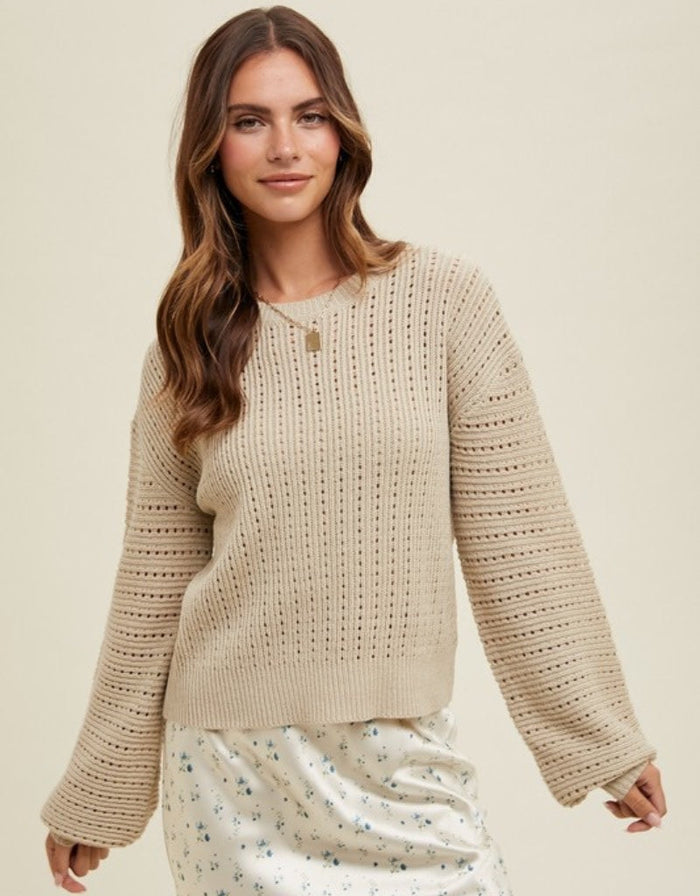 Open-Knit Balloon Sleeve Sweater - Natural by Boutique 23