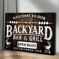 Welcome To Our Backyard Bar And Grill Sign by Tailored Canvases