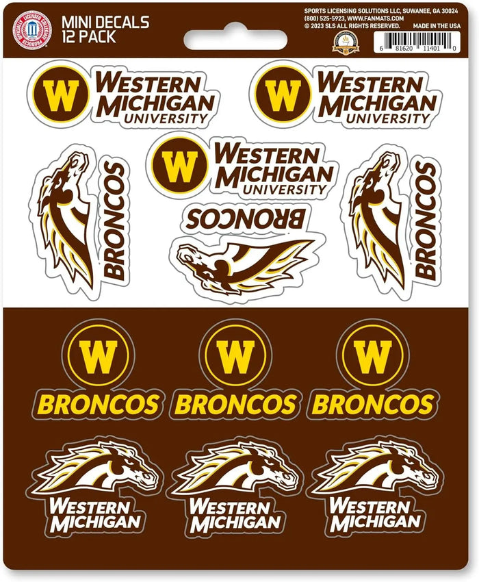 Western Michigan University Broncos 12-Piece Mini Decal Sticker Set, 5x6 Inch Sheet, Gift for football fans for any hard surfaces around home, automotive, personal items by Fielders Choice