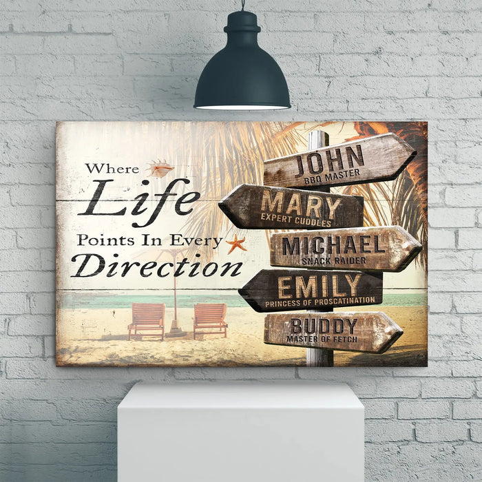 Where Life Points In Every Direction Beach Family Names Sign by Tailored Canvases