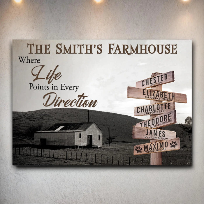 Where Life Points In Every Direction Family Farmhouse Names Sign by Tailored Canvases