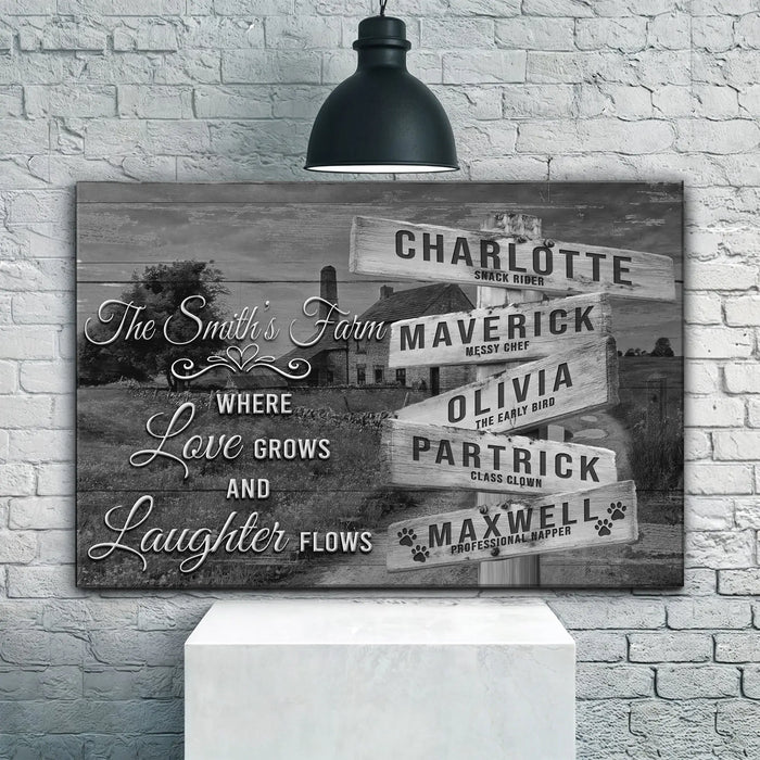 Where Love Grows And Laughter Flows Family Names Sign by Tailored Canvases
