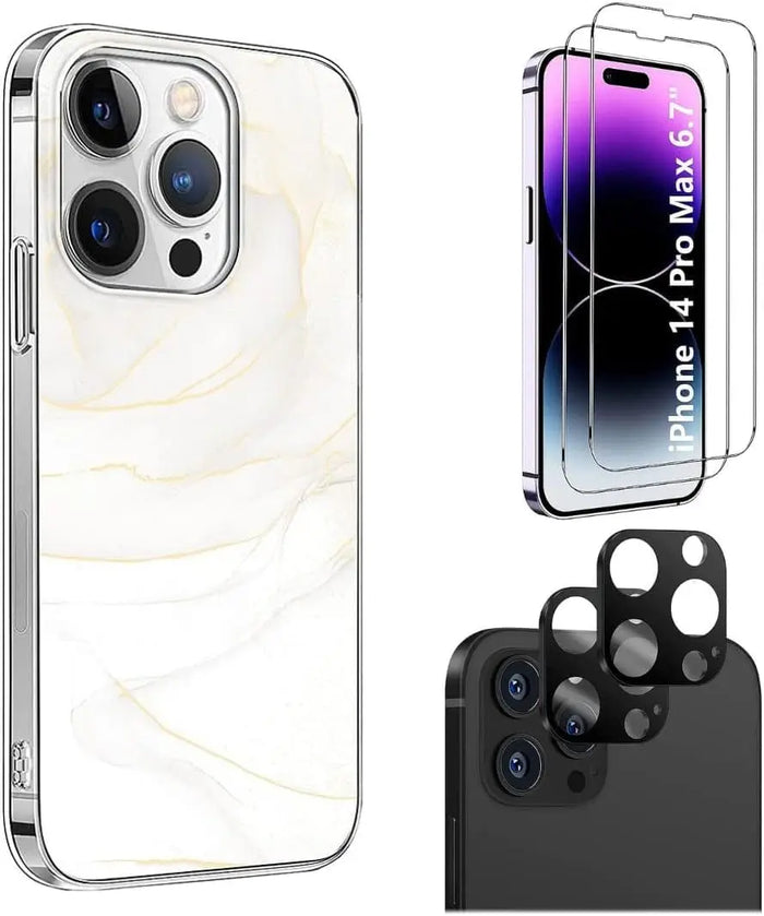 White Marble Series Case with Tempered Glass Screen and Camera Protector - iPhone 14 Pro Max by Zerodamage Sahara Case LLC