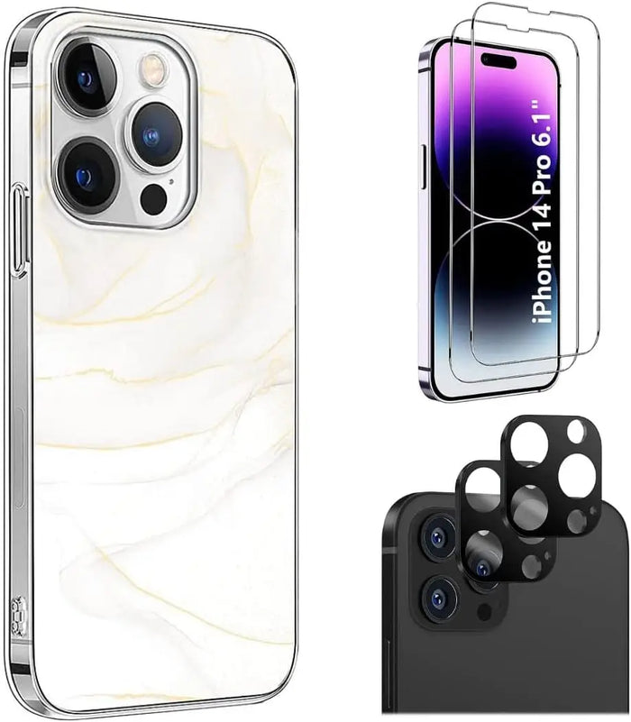 White Marble Series Case with Tempered Glass Screen and Camera Protector - iPhone 14 Pro by Zerodamage Sahara Case LLC