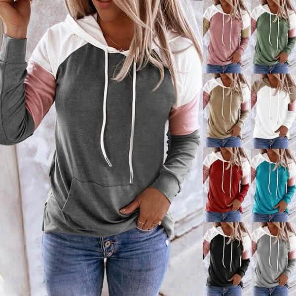 Winter Women’s Fashion Casual Sweatshirts Long Sleeve Hooded Pullover Loose Block Color Pockets Sweatshirts by DailySale