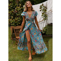 Women Boho Summer Side Split Deep V Neck Short Sleeves Maxi Dress with Belt by DailySale