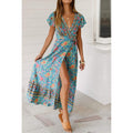 Women Boho Summer Side Split Deep V Neck Short Sleeves Maxi Dress with Belt by DailySale