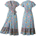 Women Boho Summer Side Split Deep V Neck Short Sleeves Maxi Dress with Belt by DailySale