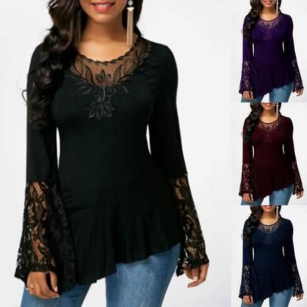Women Casual Irregular T-shirt with Long-sleeved Lace Stitching Plus Size Shirts by DailySale