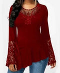 Women Casual Irregular T-shirt with Long-sleeved Lace Stitching Plus Size Shirts by DailySale
