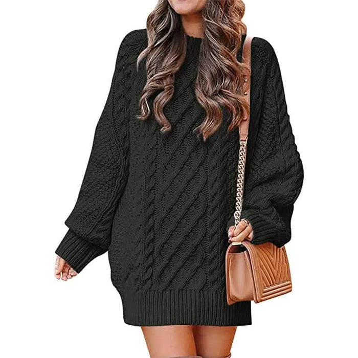 Women Crewneck Long Sleeve Oversized Cable Knit Chunky Pullover Short Sweater Dresses by DailySale