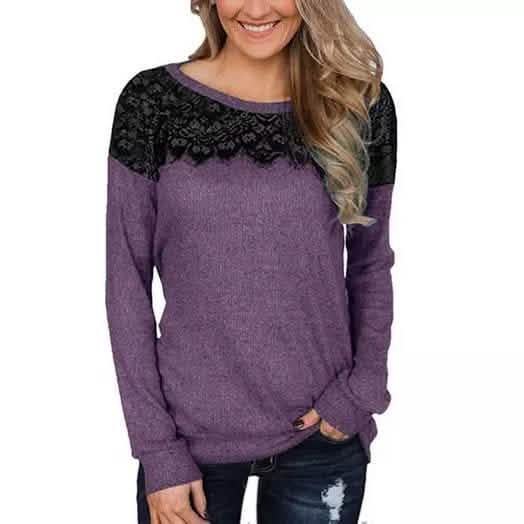 Women Fashion Black Lace Top Long Sleeve Elegant Casual Sweatshirt Blouse by DailySale