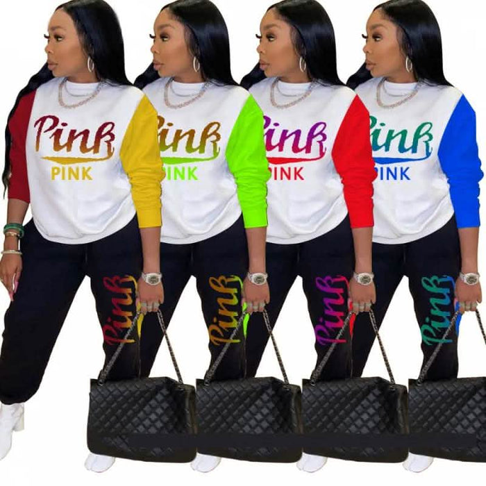 Women Pink Letter Print Long Sleeve Top and Pants Spring Streetwear by DailySale