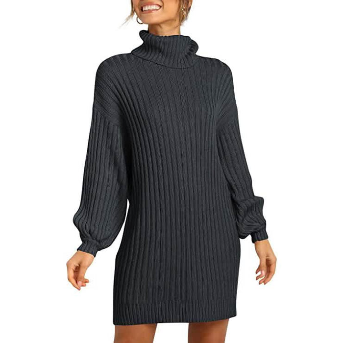 Women Turtleneck Long Lantern Sleeve Casual Loose Oversized Sweater Dress by DailySale