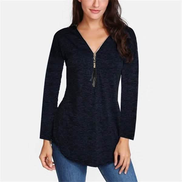 Women V-neck Zipper Long Sleeve Solid Color Top Plus Size Blouse Top by DailySale
