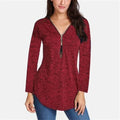 Women V-neck Zipper Long Sleeve Solid Color Top Plus Size Blouse Top by DailySale