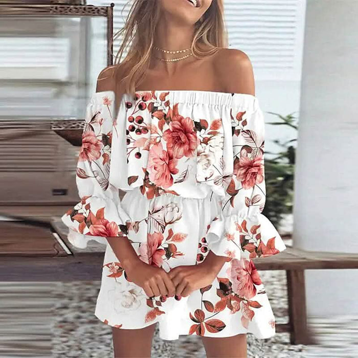Women's 3/4 Length Sleeve Floral Ruffle Summer Spring Off Shoulder Dress by DailySale