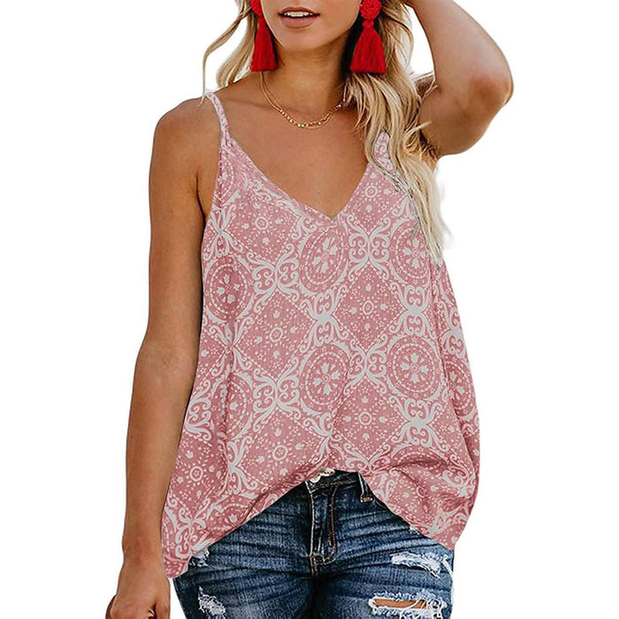 Women's Boho Floral V Neck Spaghetti Straps Tank Top Summer Sleeveless Shirts Blouse by DailySale