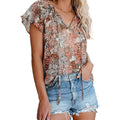 Women's Casual Boho Floral Printed V Neck Tops Drawstring Blouse by DailySale