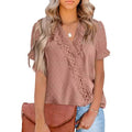 Women's Casual Lace Pom Pom V Neck Chiffon Short Sleeve Top by DailySale