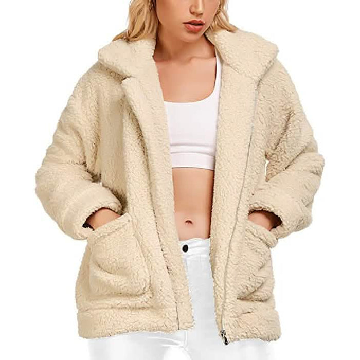 Women's Casual Lapel Fleece Fuzzy Faux Shearling Zipper Coat by DailySale