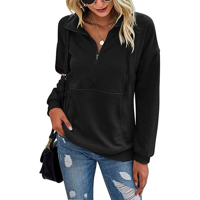 Women's Casual Long Sleeve Lapel Zipper Drawstring Loose Pullover Tops by DailySale