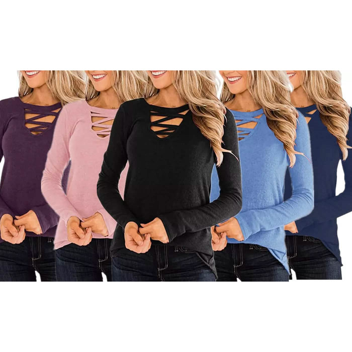 Women's Casual Long Sleeve T-Shirt Criss Cross V-Neck Basic Tees Tops by DailySale