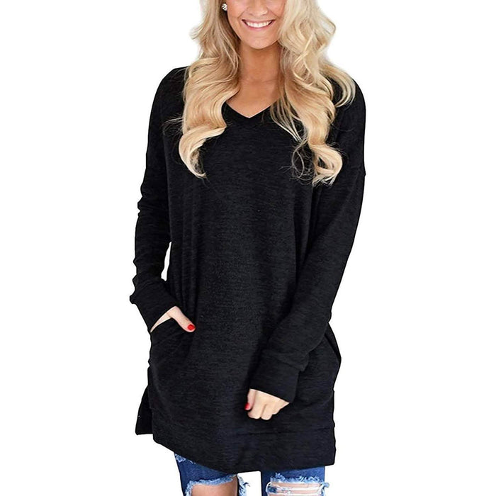 Womens Casual Long Sleeves Solid V-Neck Tunics Shirt Tops with Pockets by DailySale