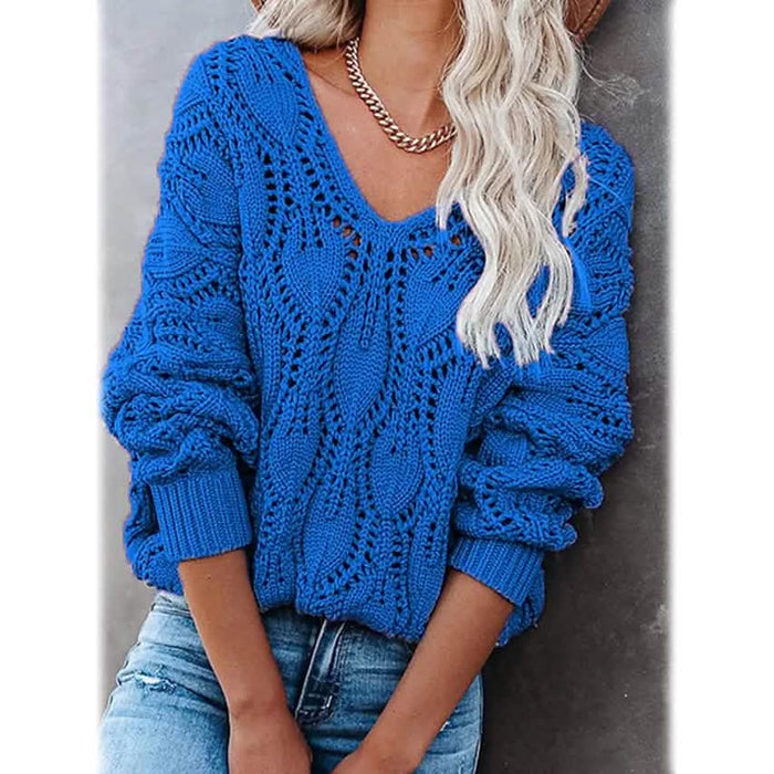 Women's Crochet Hollow Out Knitted V Neck Sweater by DailySale