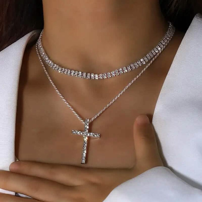 Women's Double Layer Artificial Crystal Cross Pendant Necklace by DailySale