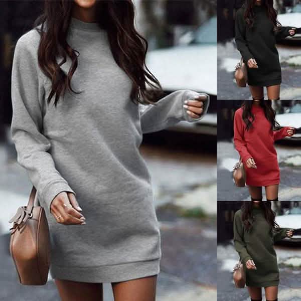 Women’s Fashion Solid Color Round Neck Cotton Pullover Dress by DailySale