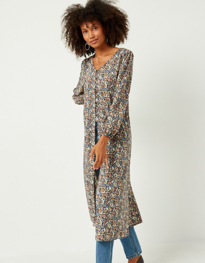 Floral Buttoned Puff Sleeve Duster by Boutique 23