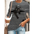 Women's Halloween Tunic T shirt Striped Cat 3D Cartoon Long Sleeve Print Round Neck by DailySale