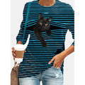 Women's Halloween Tunic T shirt Striped Cat 3D Cartoon Long Sleeve Print Round Neck by DailySale