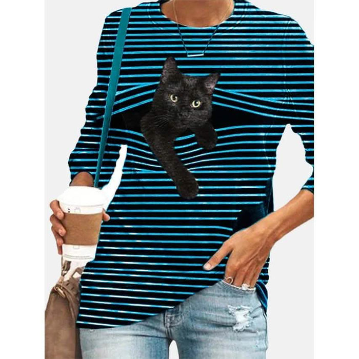 Women's Halloween Tunic T shirt Striped Cat 3D Cartoon Long Sleeve Print Round Neck by DailySale