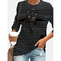 Women's Halloween Tunic T shirt Striped Cat 3D Cartoon Long Sleeve Print Round Neck by DailySale