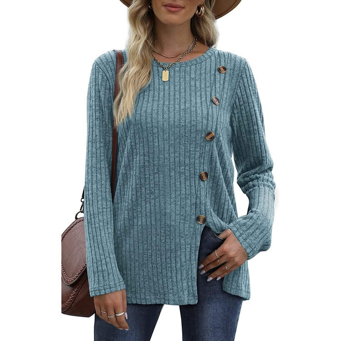 Women's Long Sleeve Crew Neck Tunic Tops Buttons Side by DailySale